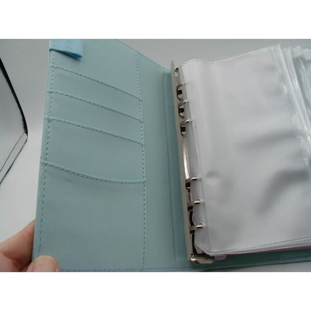 NEW Blue Leather 6 Ring Planner Organizer Zipper Envelope Budget Tab Stickers